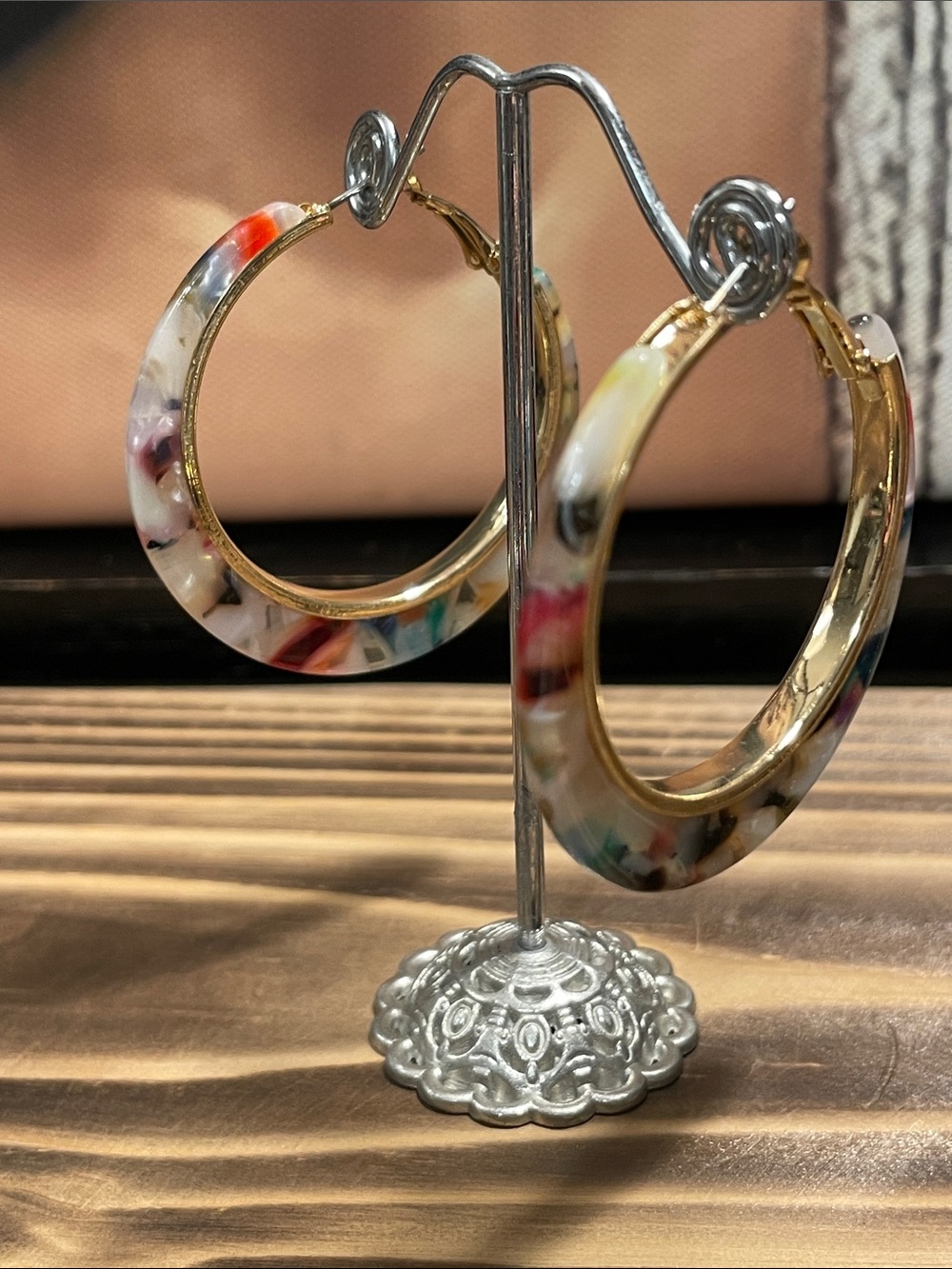 Multicolor Resin Hoop Earrings with Gold Trim